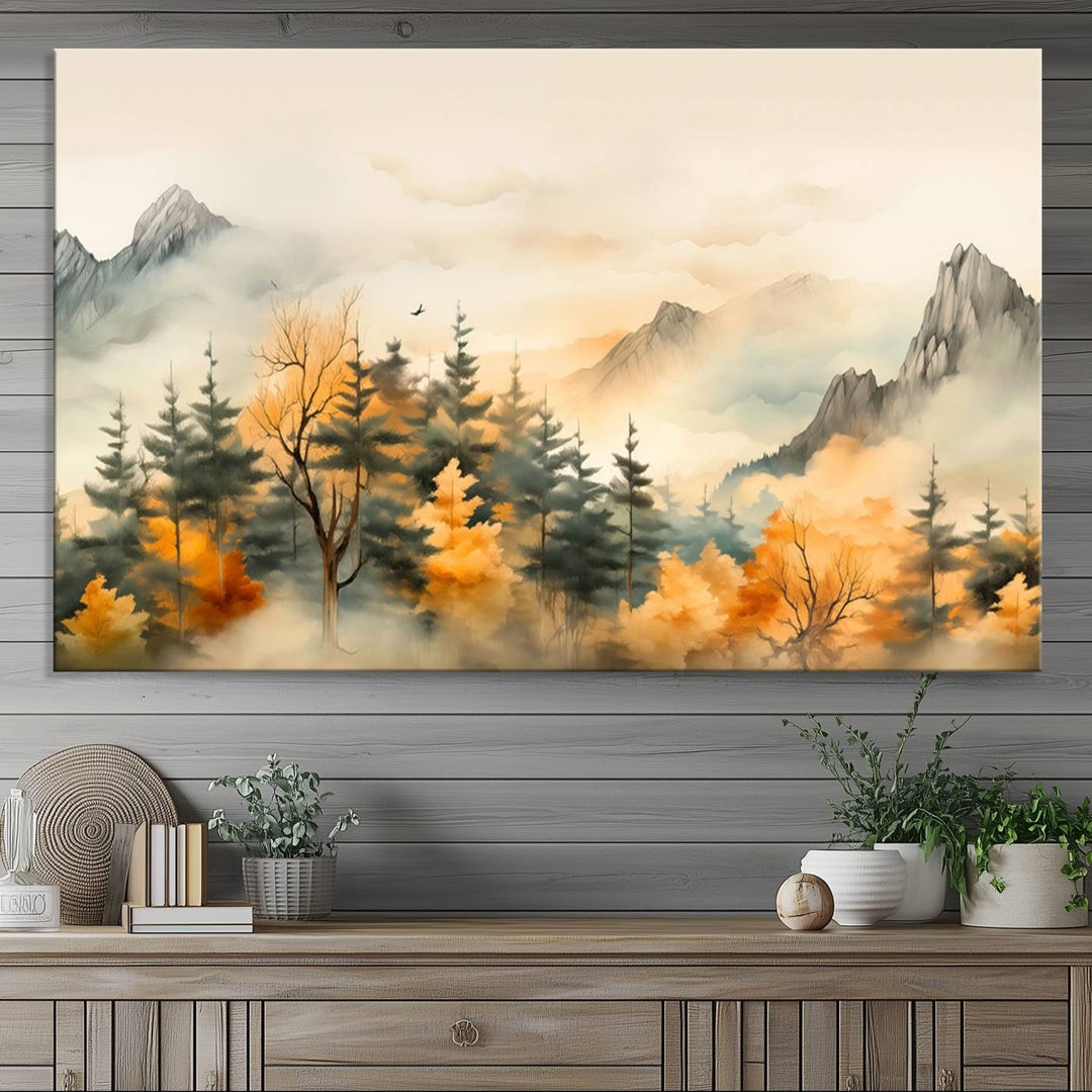 A wall art of Abstract Watercolor Mountains and Trees Autumn on museum-quality canvas.