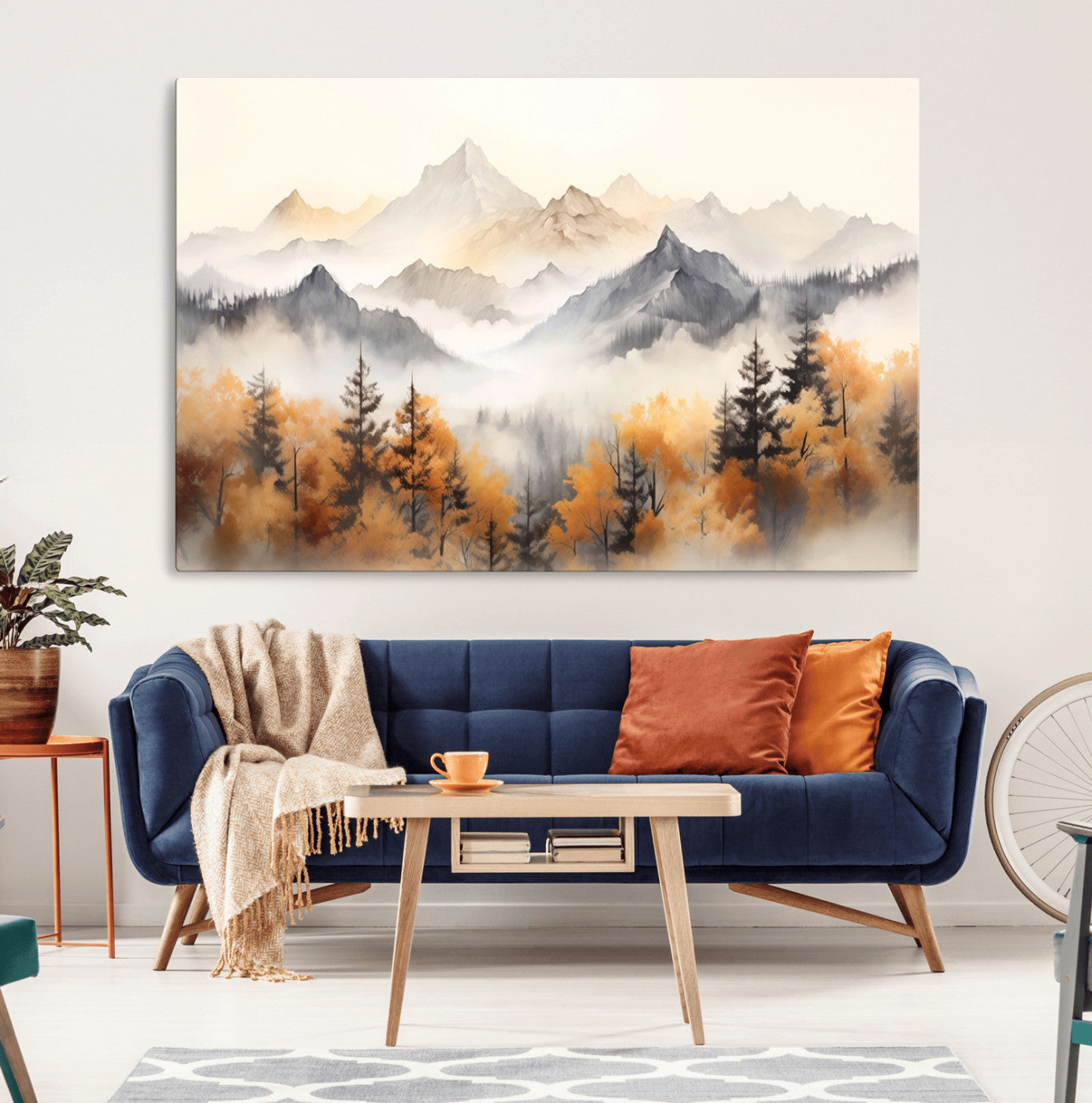 MGV-CV-36X24 - Mountain and Forest Landscape Wall Art | Misty Autumn Forest and Mountains Canvas Print for Living Room, Bedroom, Office | Large Wall Art Decor