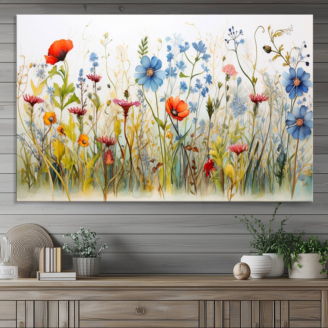 The vibrant Colorful Wildflower Canvas Wall Art adorns the wall.