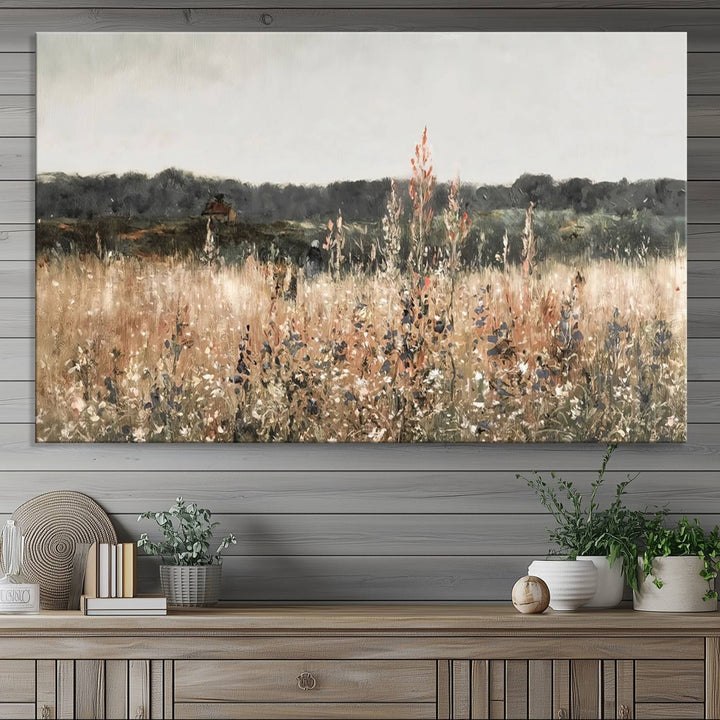 A dining room featuring the Abstract Wildflower Art Field Landscape Oil Painting Print.