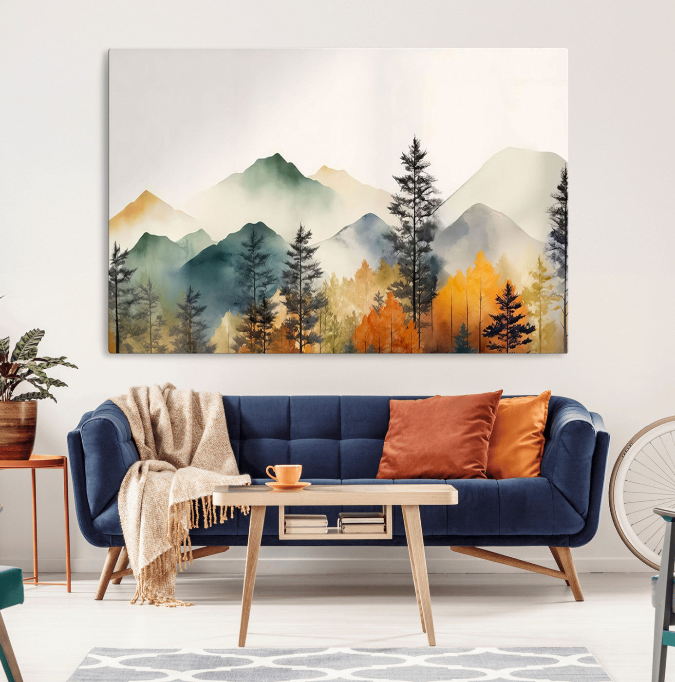 -Abstract Watercolor Mountains and Trees Autumn Wall Art, Mountains and Trees Autumn Wall Art Canvas