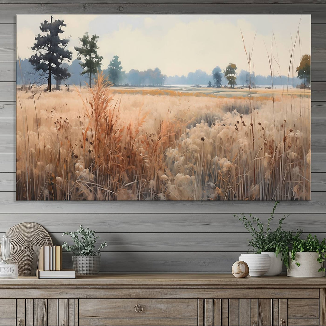 The Golden Fields Canvas Art Print, depicting a serene landscape, adds tranquility with its presence.