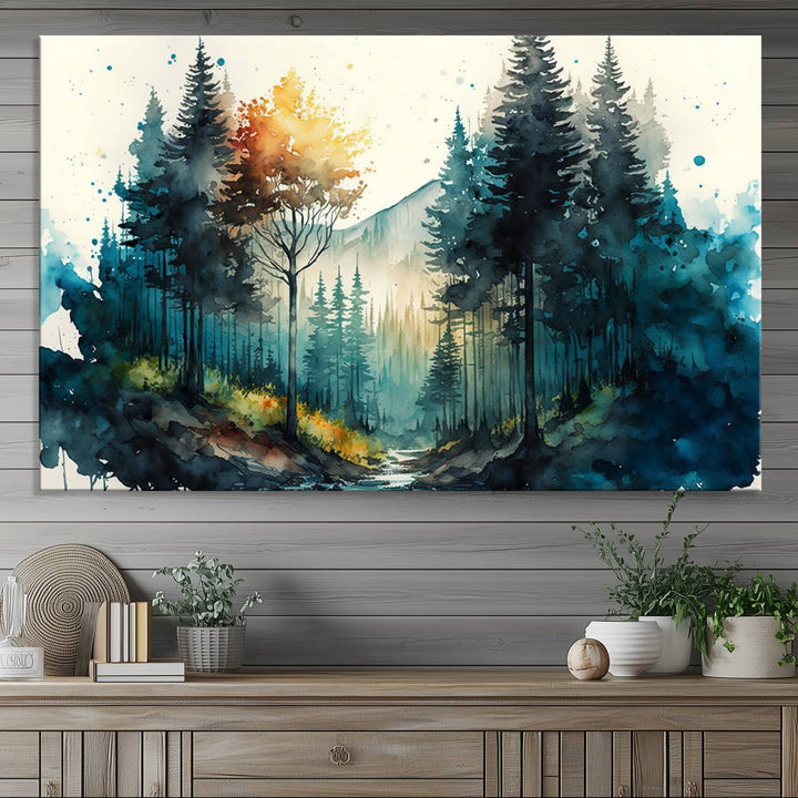 The Watercolor Trees Forest Abstract canvas print is displayed prominently.