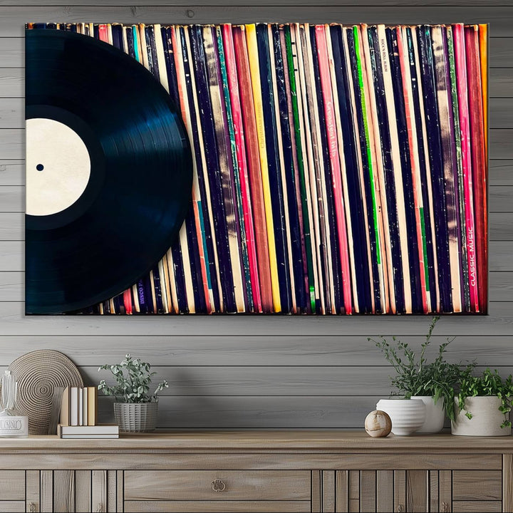 The Vinyl Record and Album Collection Canvas above the dining table enhances the modern kitchen, creating a perfect aesthetic for vintage vinyl lovers.