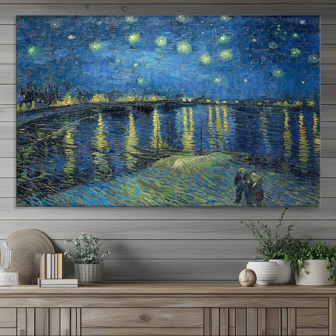 A Vincent van Gogh Starry Night over the Rhone canvas print is displayed on a porch.