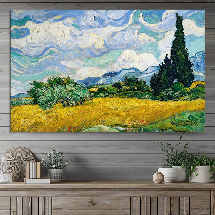 A kitchen featuring Wheatfield With Cypresses Van Gogh canvas wall art.