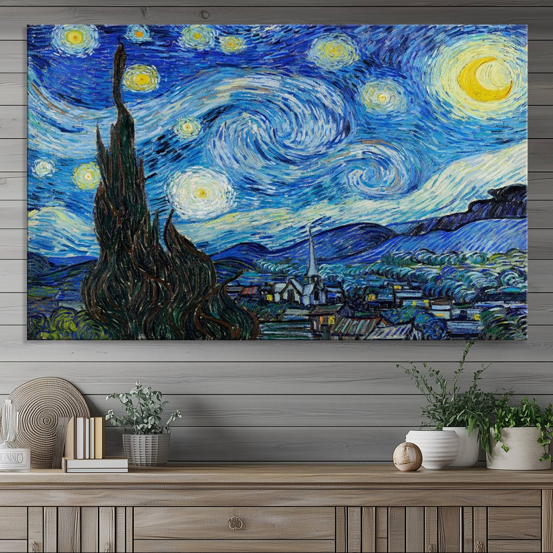 A canvas print of The Starry Night, offering museum-quality art, ready to hang.