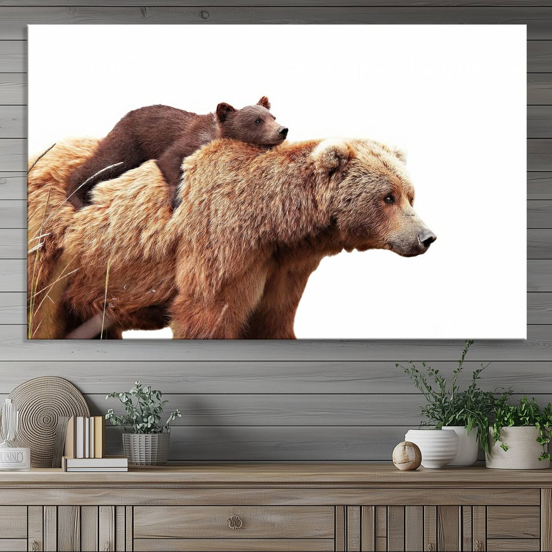 Mother and Baby Bear canvas: an adorable wildlife print displayed on a dark green wall.