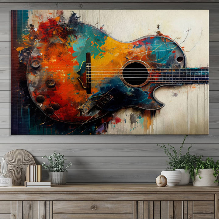 A vibrant guitar wall art canvas is mounted on the wall.