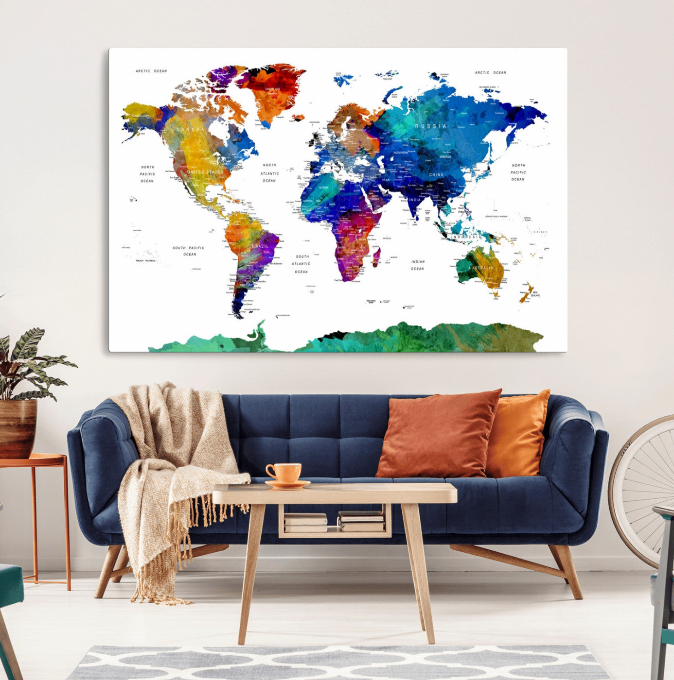 48979-MGV-CV-36X24-Colorful Watercolor World Map Canvas Print – Vibrant Framed Travel Map Wall Art, Modern Decor for Living Room or Office