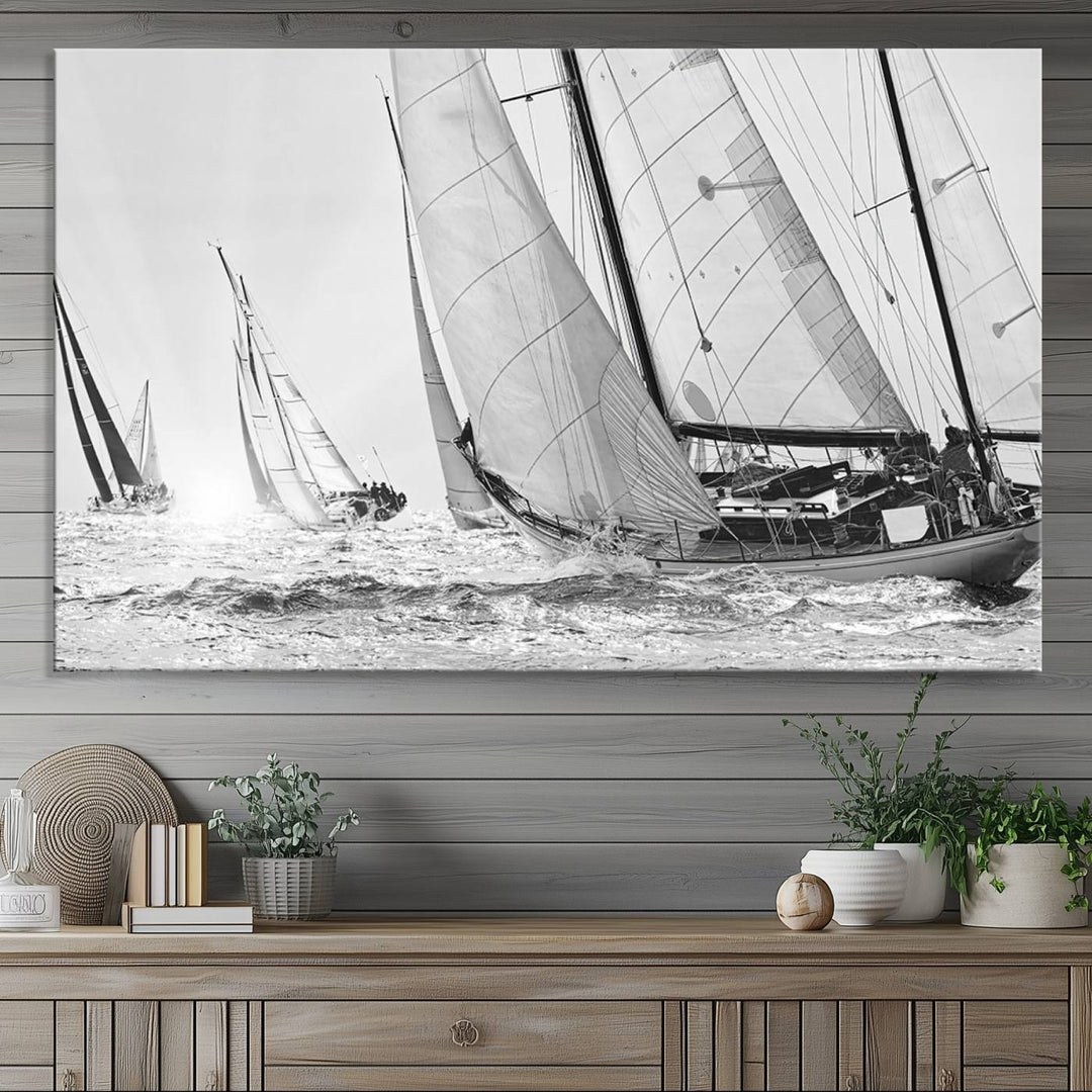 Yacht Sailboat Regatta canvas print on a textured wooden wall.