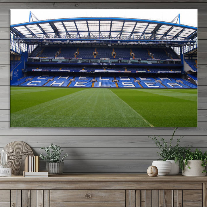 The wall art features a Chelsea FC Stamford Bridge Stadium canvas print.