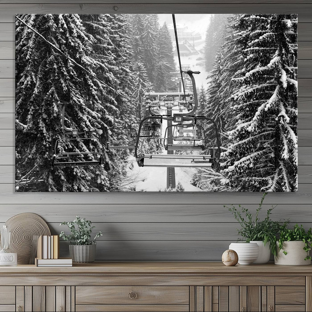 The Winter Ski Lift Canvas in minimalist style adds a unique touch to the dining room.