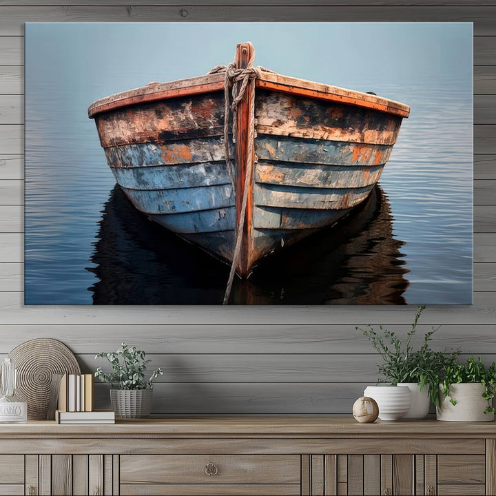 Stunning vintage boat canvas print featuring a calm water scene.