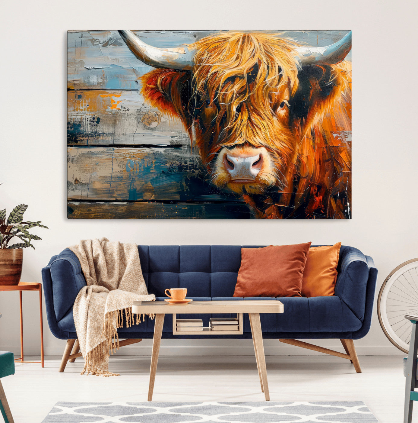 -Highland Cow Abstract Canvas Wall Art – Bold Farmhouse Rustic Decor – Ready to Hang