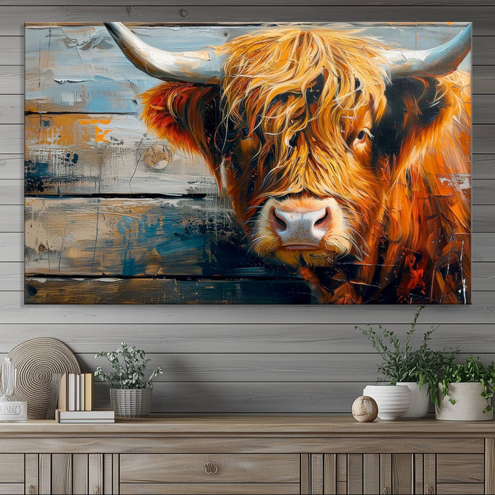 The dining room features Highland Cow Abstract Canvas Wall Art in a farmhouse rustic decor style.