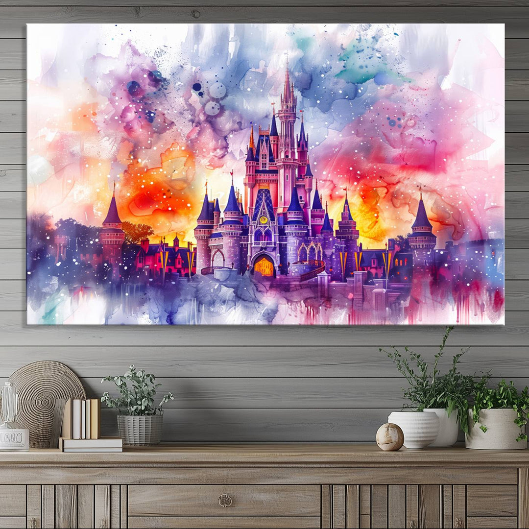 The watercolor Disney Wall Art showcases Cinderellas Castle in pink, purple, and orange hues.