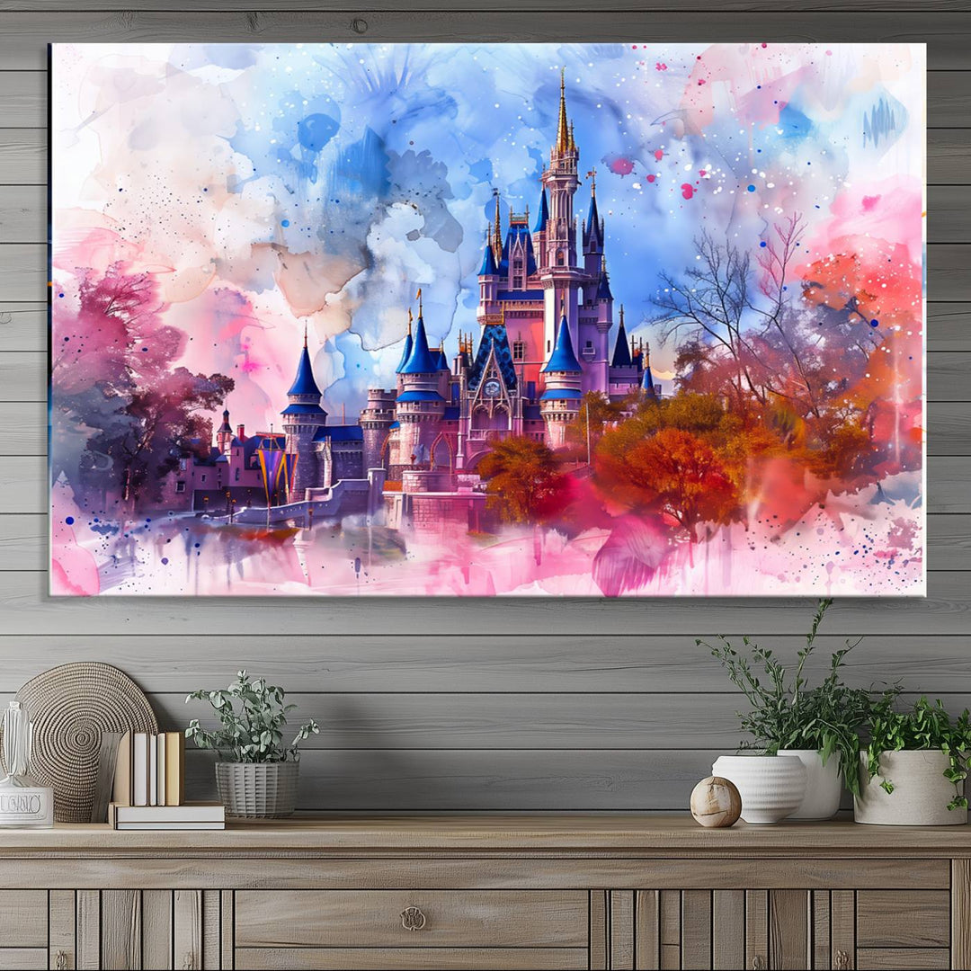 A Disney Wall Art: Dreamy Watercolor Cinderella Castle Canvas Print hangs prominently.