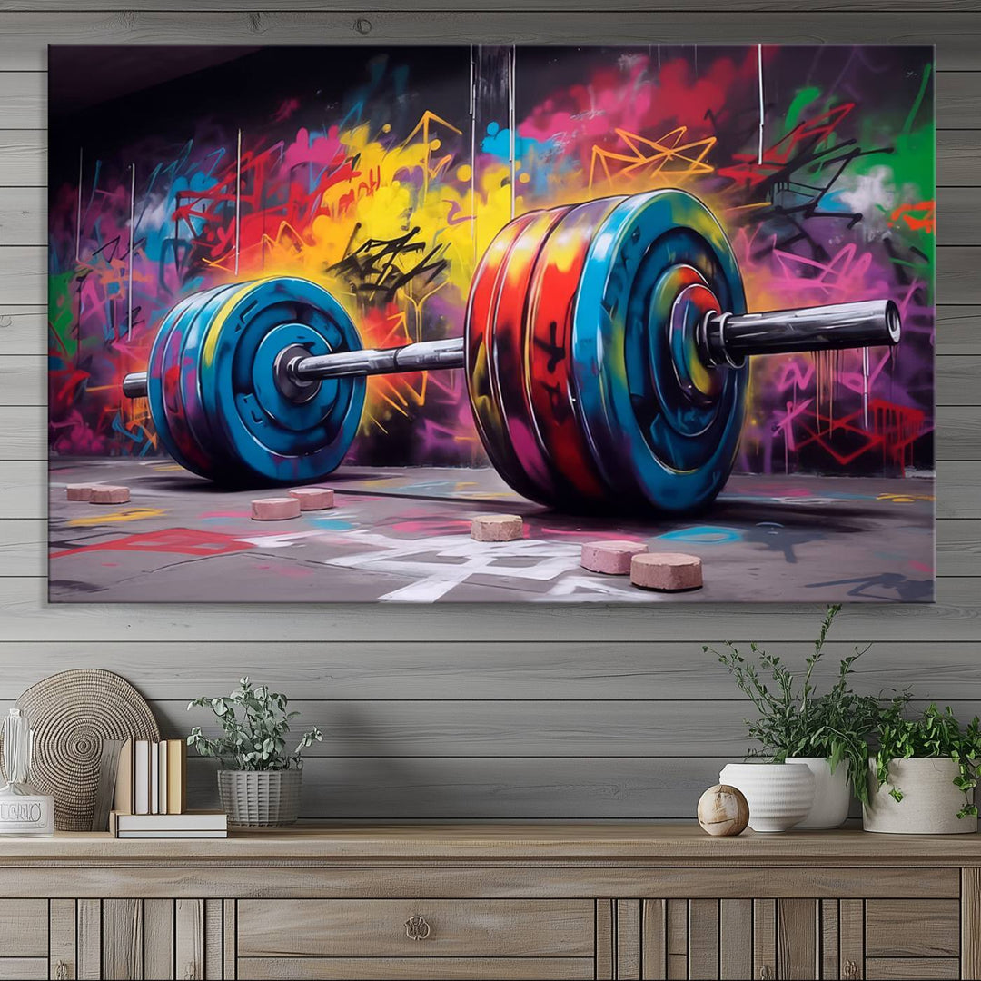 The Abstract Graffiti Barbell Canvas Wall Art is displayed on a porch.