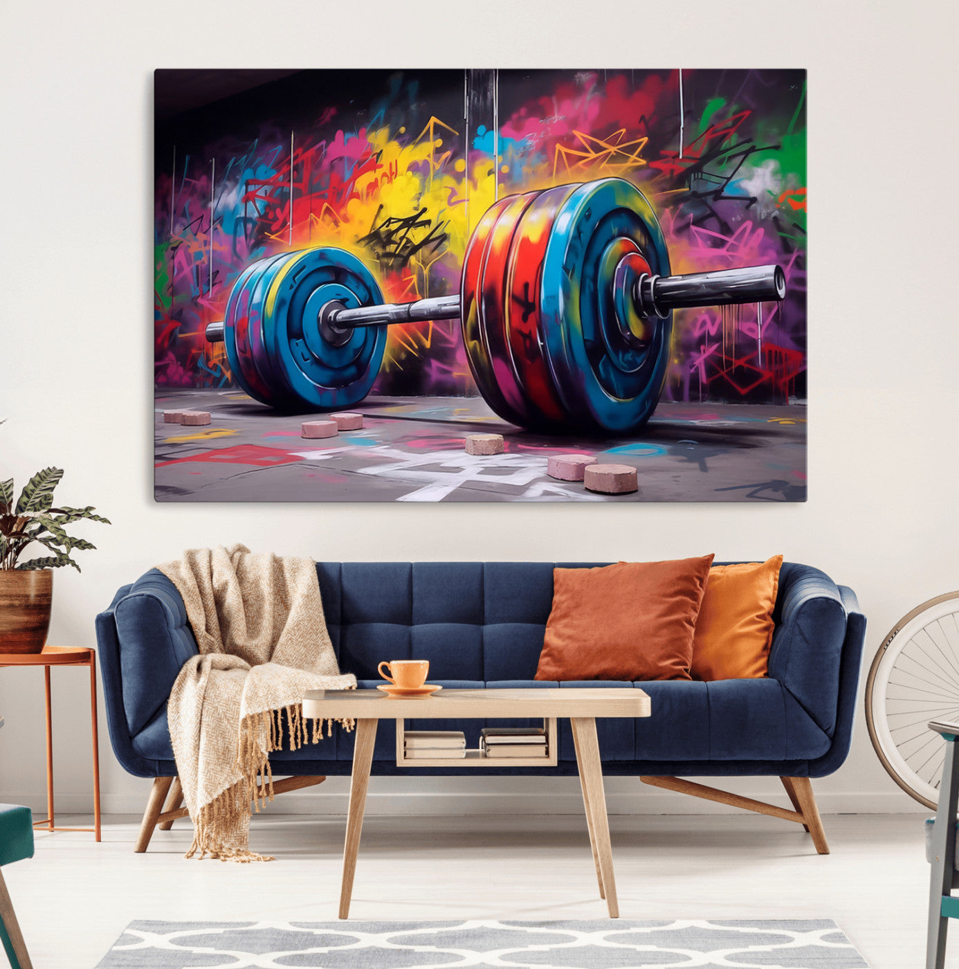 MGV-CV-36X24 - Abstract Graffiti Barbell Canvas Wall Art – Urban Fitness Meets Bold Street Art Print - Gym Wall Art