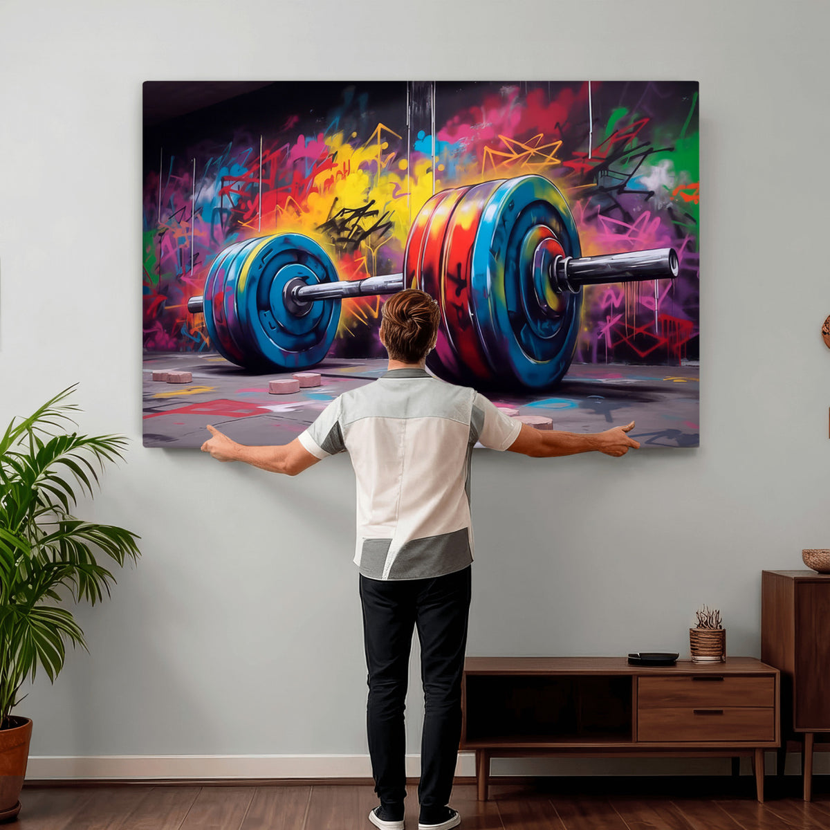 13549-MGV-CV-36X24 - Abstract Graffiti Barbell Canvas Wall Art | Urban Fitness Meets Bold Street Art