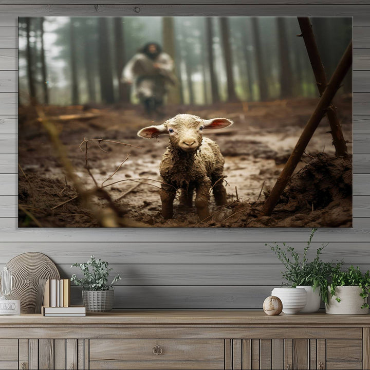 The Jesus Lost Lamb Canvas Wall Art features a heartwarming woodland scene, beautifully capturing the essence of serenity and grace.