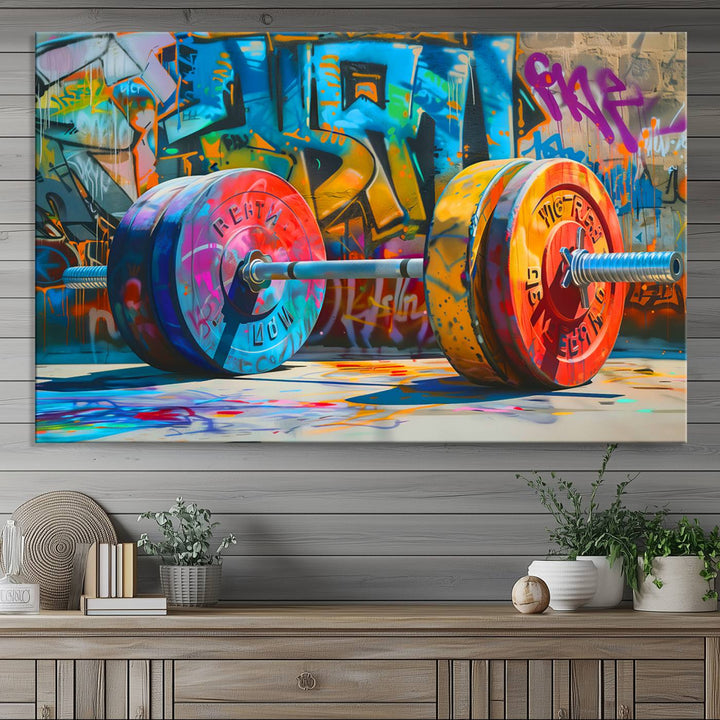 A Fitness Gym Barbell Graffiti Wall Art Canvas Print is displayed.