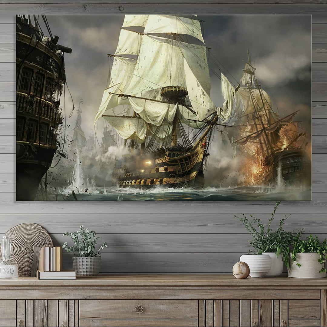 Featuring a dramatic Pirate Ship War Wall Art Canvas Print.