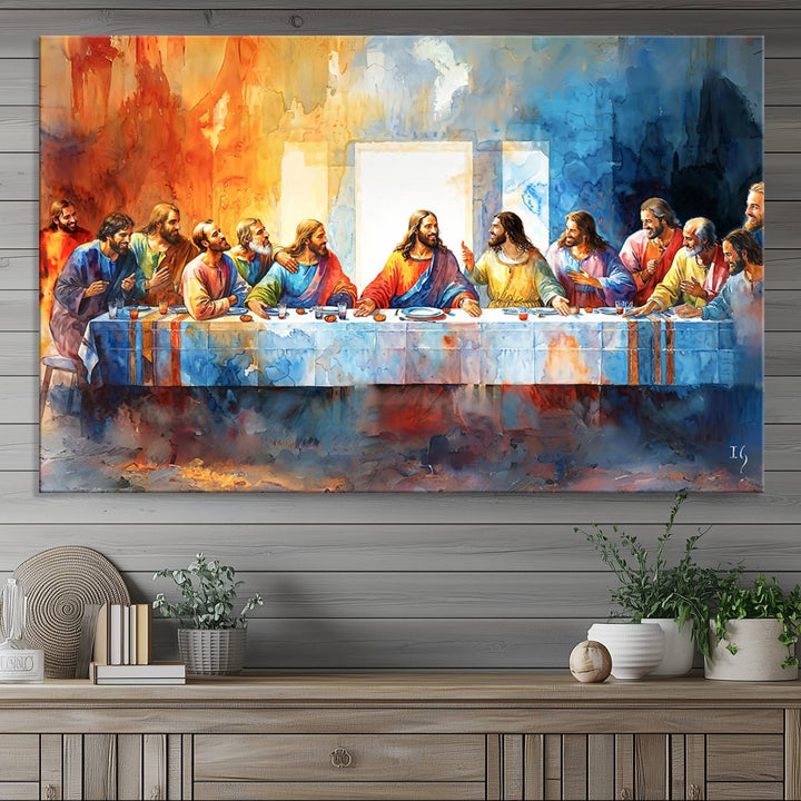 The Abstract Watercolor The Last Supper Wall Art with a gallery finish hangs prominently.