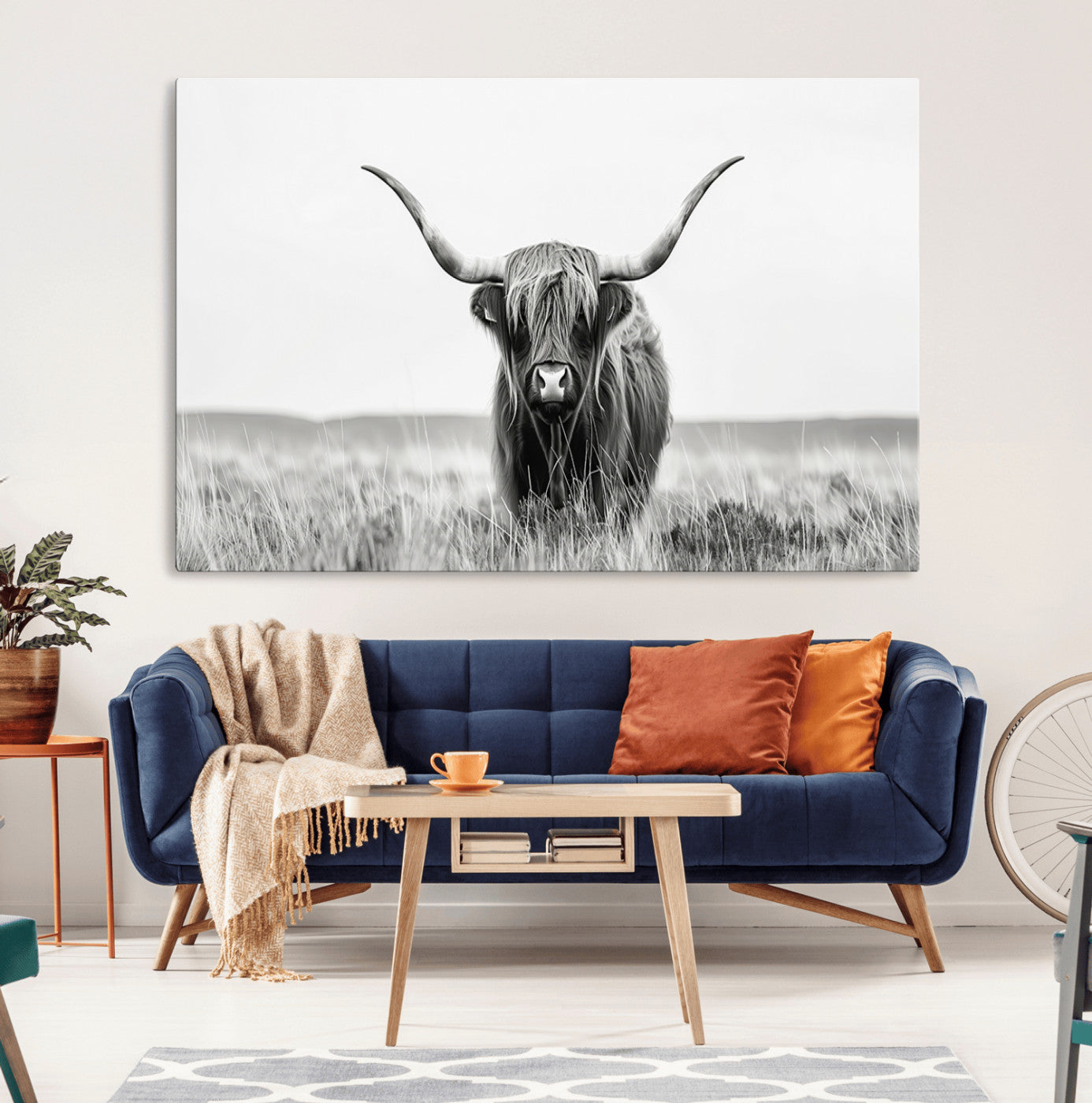 58751-MGV-CV-36X24-Highland Cow Canvas Wall Art – Majestic Beauty in Black and White