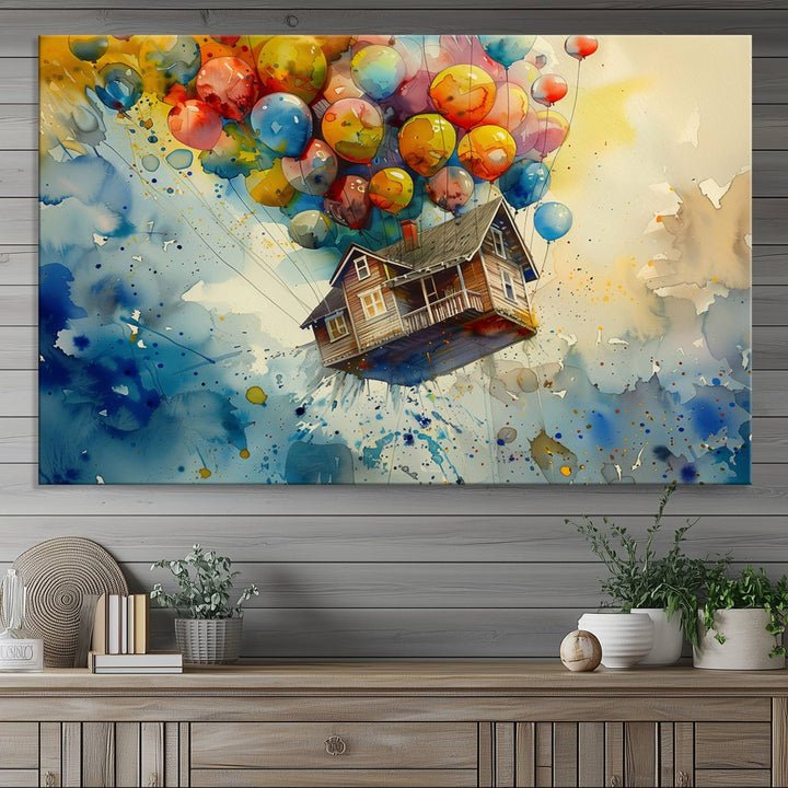UP-Inspired Floating House with Balloons Triptych Canvas Art – Colorful 3-Panel Wall Decor for Living Room, Office, or Nursery