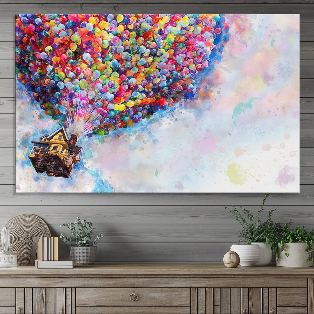 The Dont Look Up canvas wall art, featuring a house and balloons, brightens the kitchen wall.