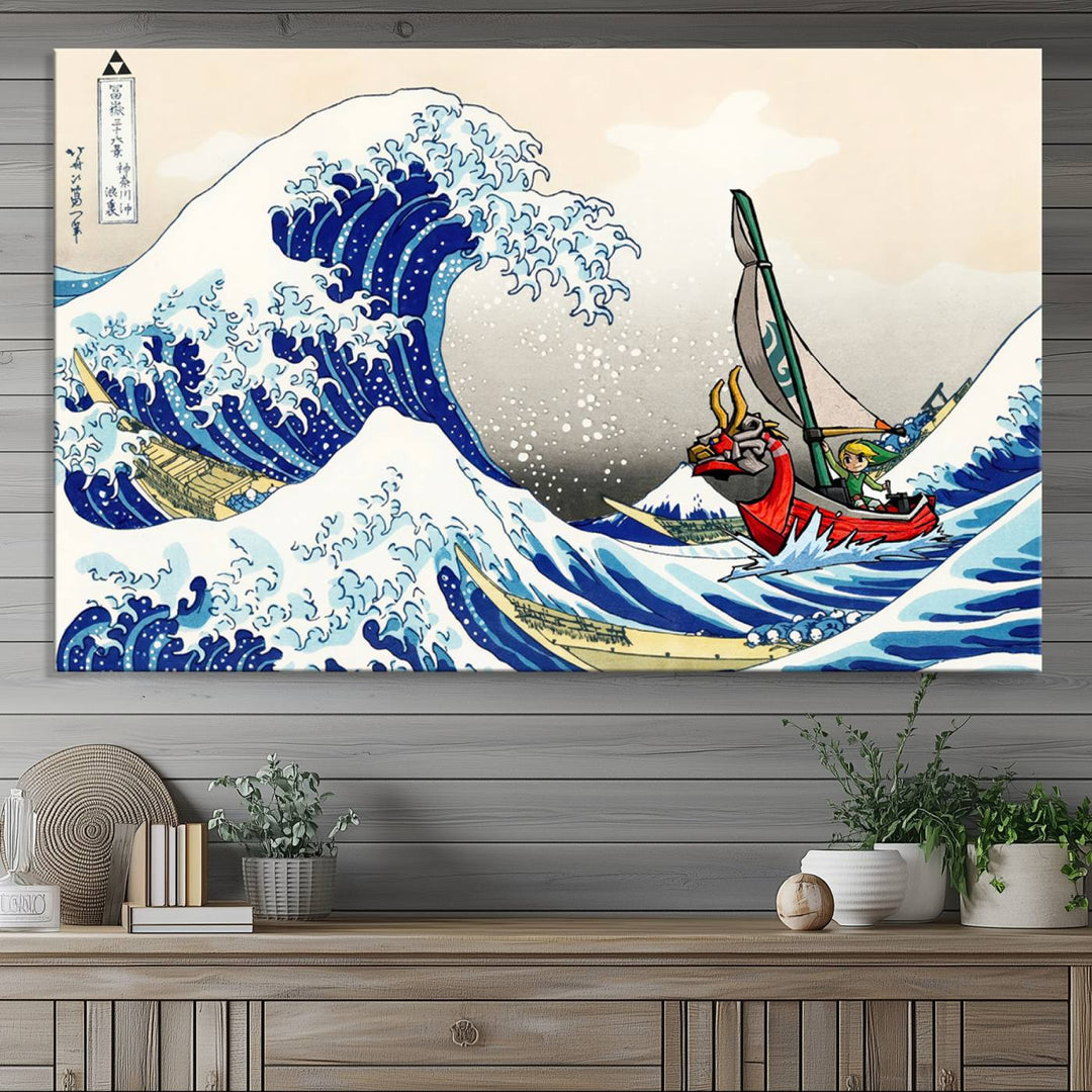 The Katsushika Hokusai Kanagawa Giant Wave Canvas print captures a vibrant sailing scene.