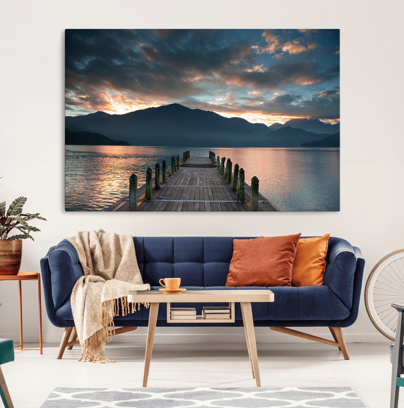 MGV-CV-36X24 - Mountain Lake Wood Pier Canvas Wall Art Nature Lake Print
