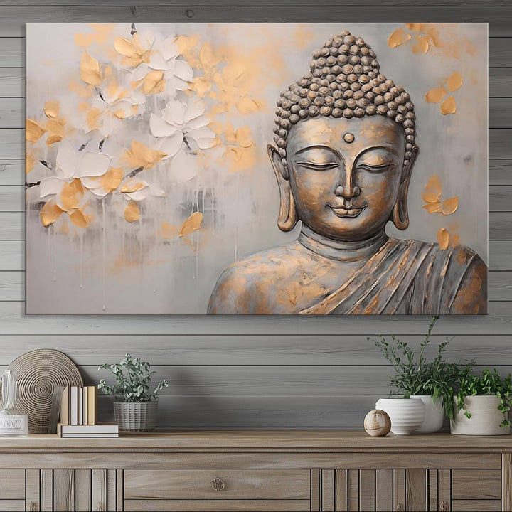 The serene dining room features Abstract Buddha Statue Wall Art.