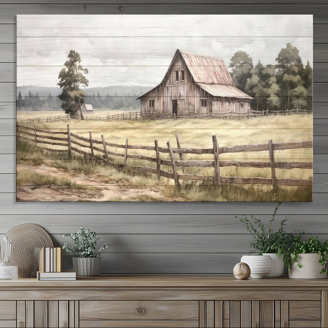 The wall is adorned with a Rustic Farmhouse Barn Wall Art.