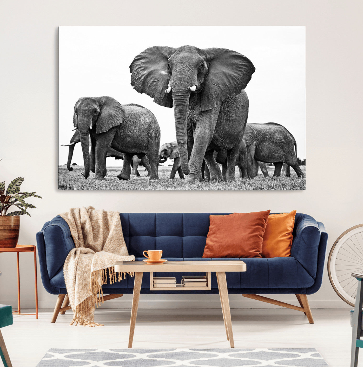 -Black White Elephant Family Wall Art Canvas Print