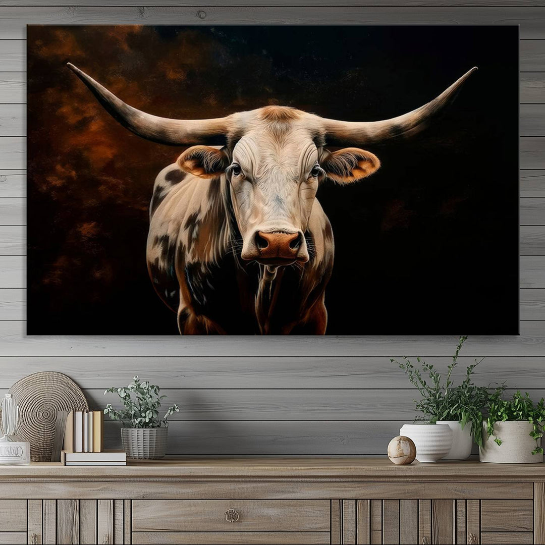 A large 3-panel Texas Longhorn canvas print dominates the space.