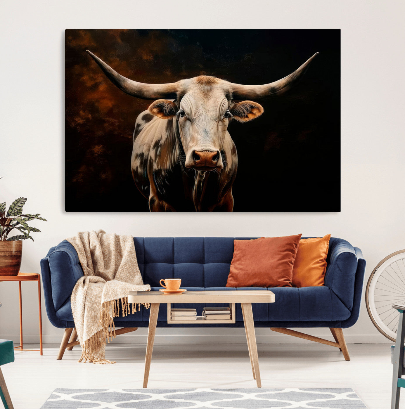 MGV-CV-36X24 - Texas Longhorn Wall Art | 3-Panel Large Texas Longhorn Canvas Print for Living Room, Office, or Farmhouse Decor | Framed Giclee Longhorn Wall Art