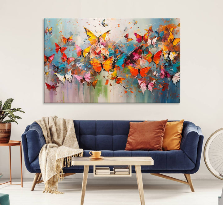 The Abstract Butterfly Wall Art Canvas Print hangs prominently, adding a touch of elegance and creativity to the room.