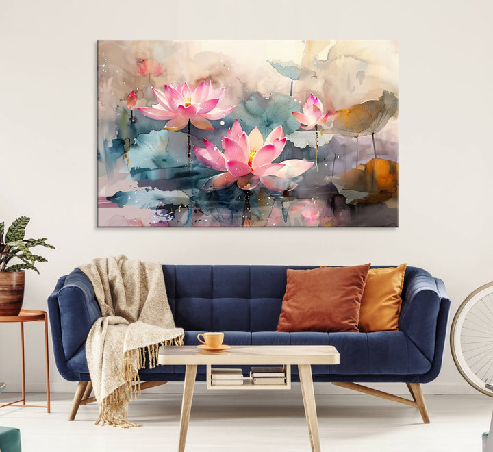 A pink lotus wall art adorns the space.