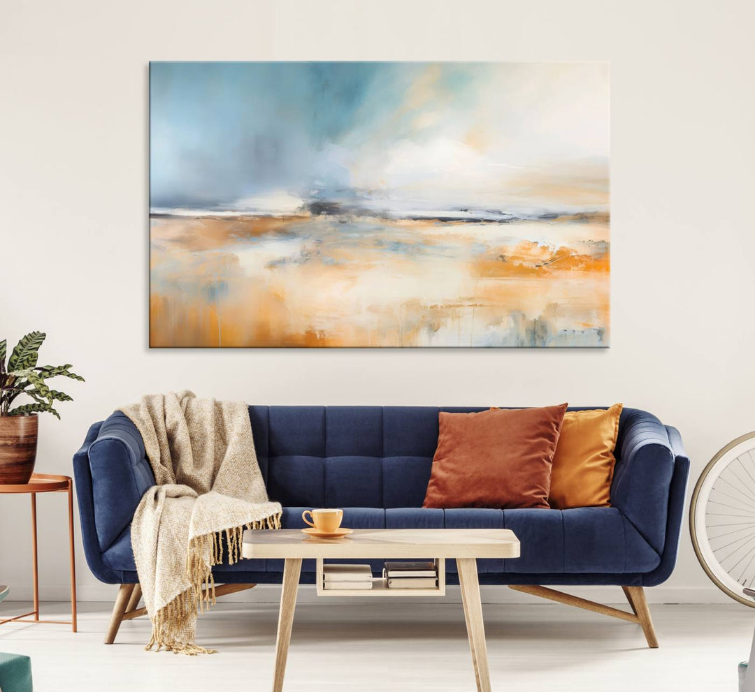 Abstract Landscape Wall Art in warm tones of orange and blue.