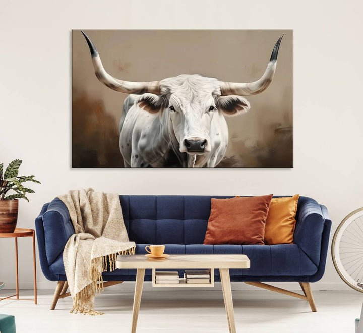 The kitchen features a striking canvas print of a Longhorn Bull.