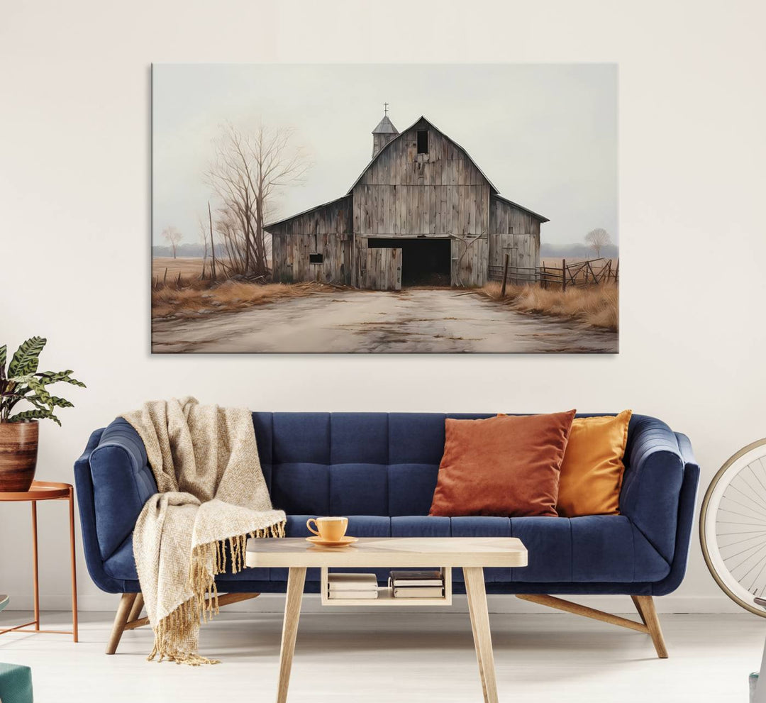 The Farmhouse Rustic Barn Wall Art Canvas Print, framed and ready to hang, enhances the farmhouse décor.