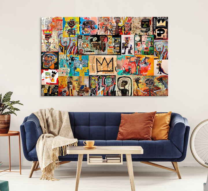 A Basquiat graffiti-style collage adorns the wall.