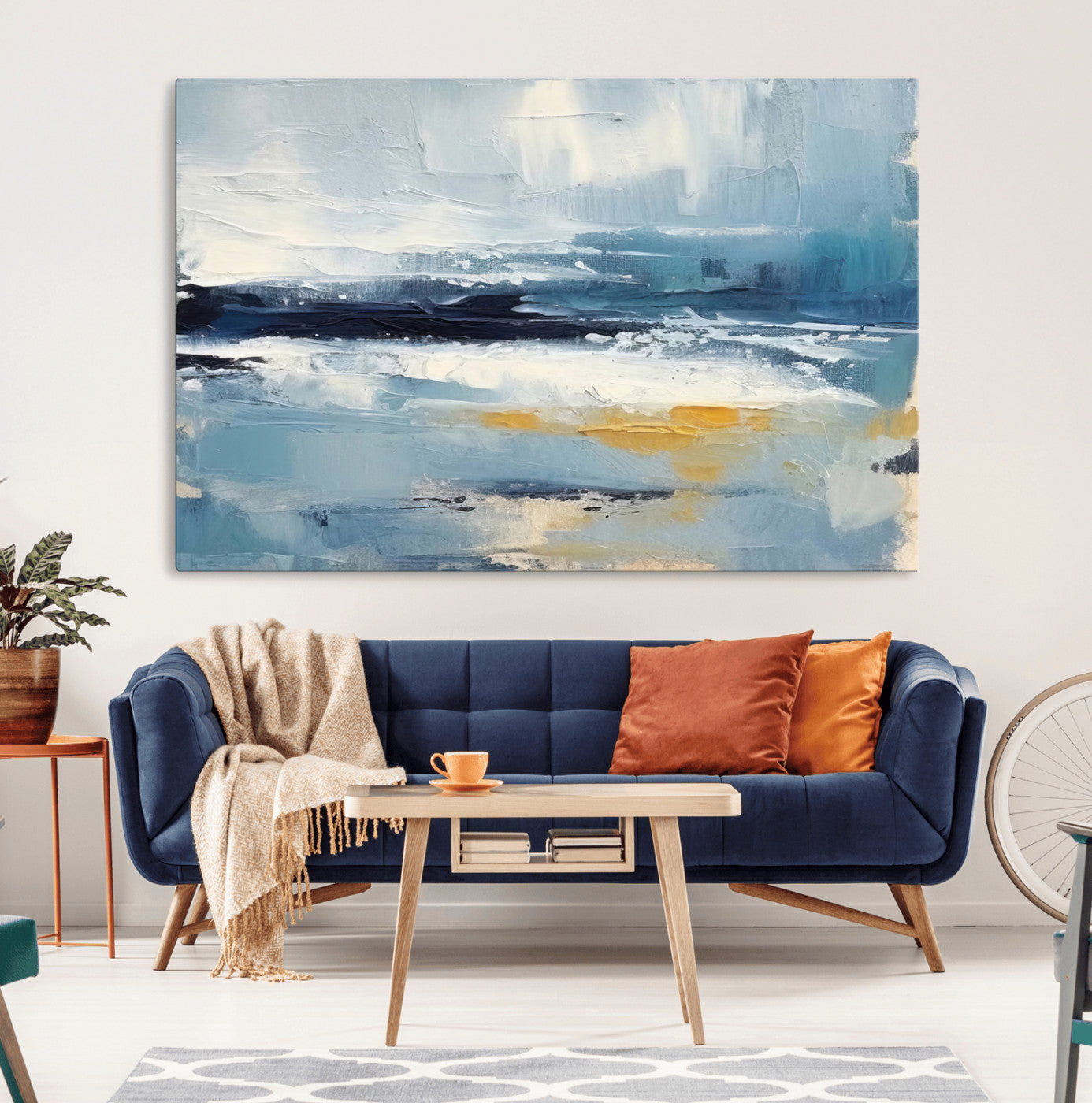 19746-MGV-CV-36X24-Abstract Ocean Canvas Wall Art - Coastal Blue and Gold Textured Painting, Modern Seascape Decor for