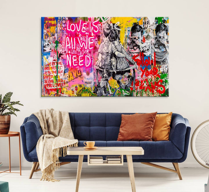 A vibrant Follow Your Dreams graffiti wall art adds a dynamic touch to the living room.