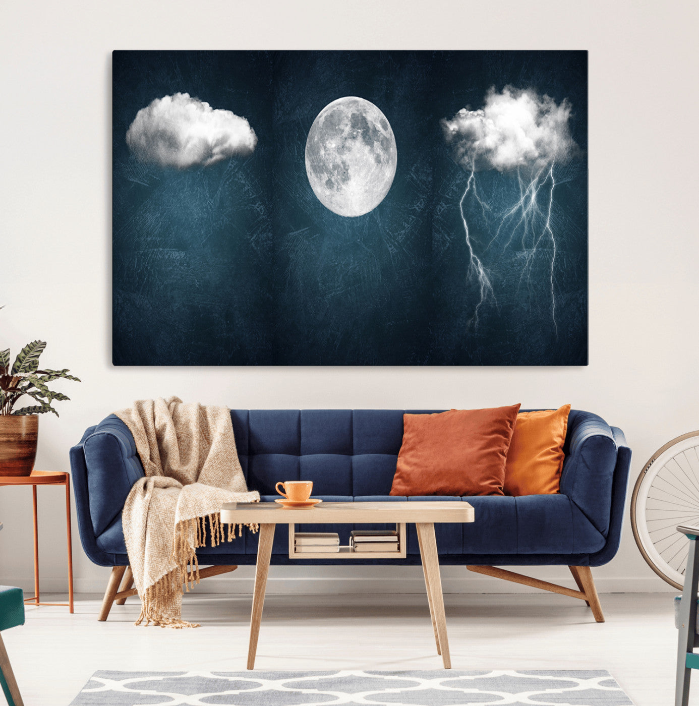 17673-MGV-CV-36X24-3 Piece Indigo Cloud Wall Art, Thunderstorm Moon Cloud Artworks