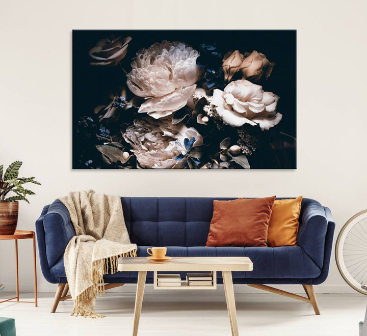 A large canvas art print of pink peonies flowers adds a vibrant touch to the space.