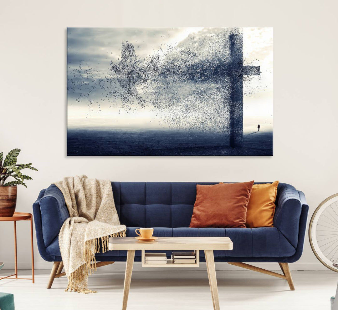 The Jesus and the Fading Cross wall art portrays a moody landscape.